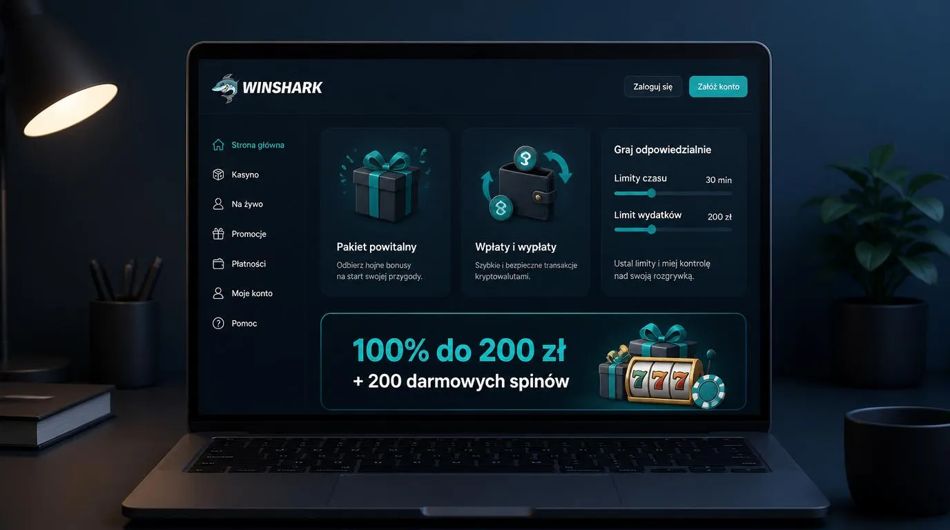 Panel oferty kasyna z bonusem powitalnym, portfelem kryptowalutowym i ustawieniami limitów gry